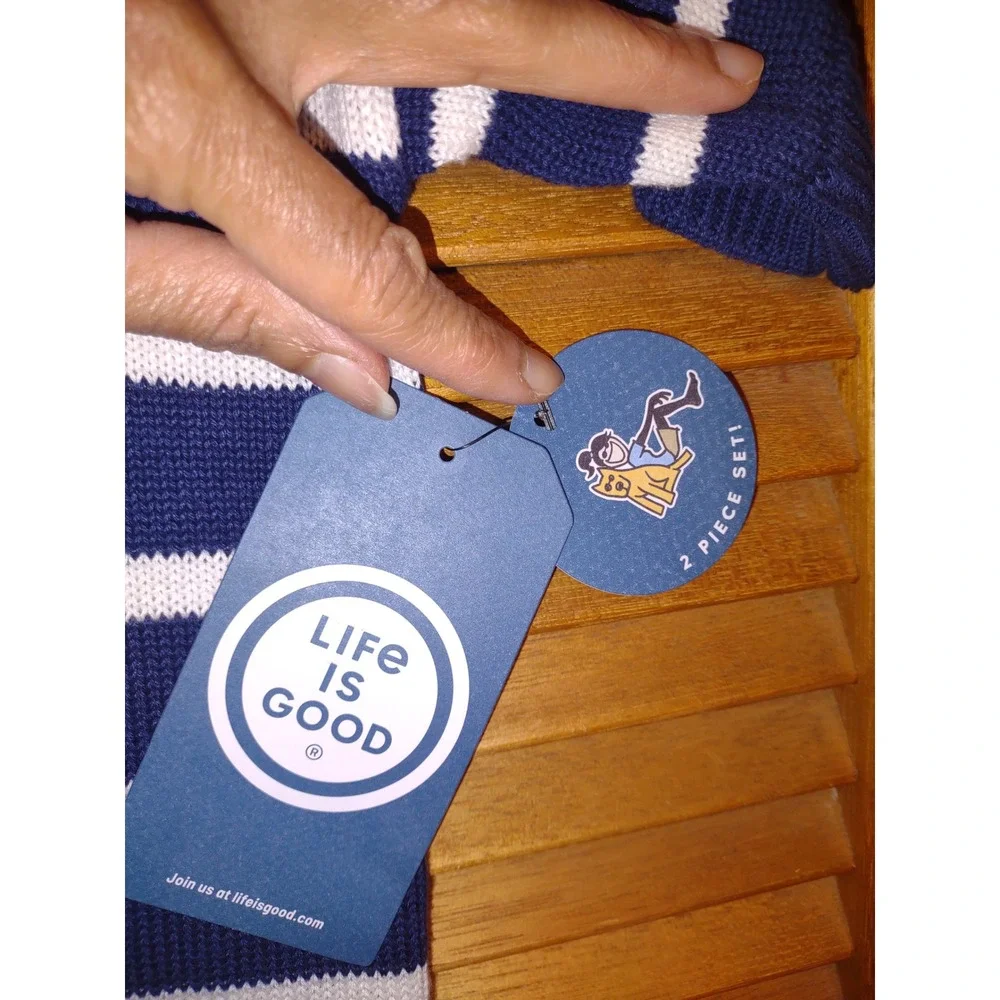 Life is Good Knit Sweater Lounge Set Navy Blue NEW Womens Medium Striped‎ Daisy